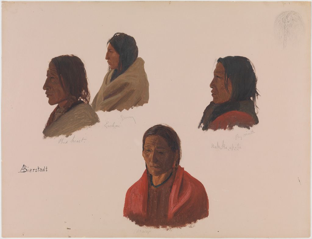 Four painted studies of Lakota leaders on paper, with names written below the heads.
