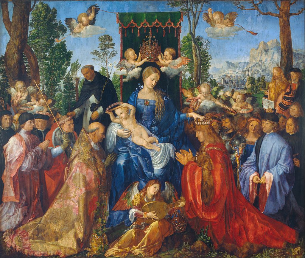 The Feast of the Rose Garlands gathers richly clothed figures around the Virgin.