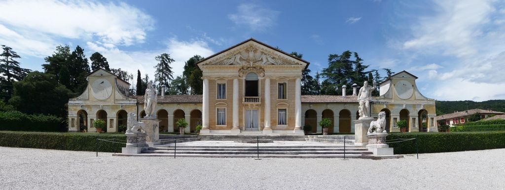 A wide three-image panorama shows a pedimented central villa joined to symmetrical arcaded wings and terminal pavilion fronts behind statues and hedges.