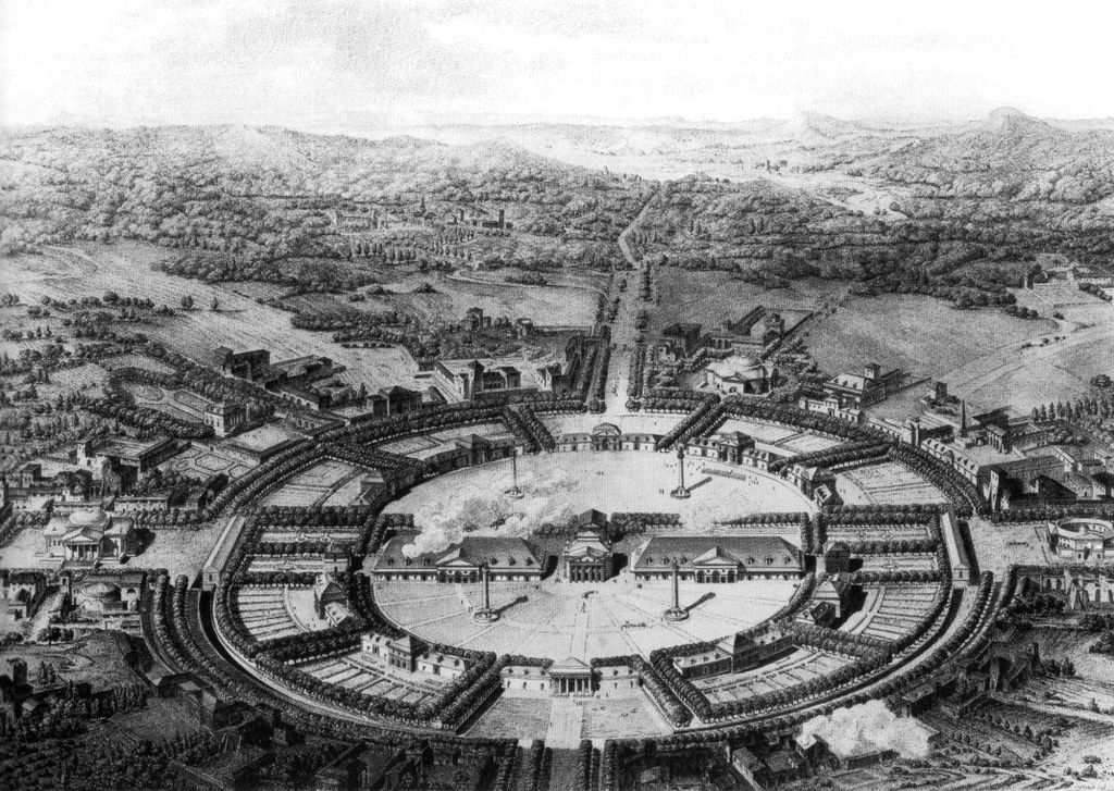 A black-and-white bird's-eye engraving shows a circular ideal city arranged around a large central saltworks, with radial roads, gardens, workshops, smoke and wooded hills beyond.