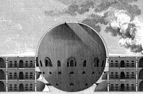 A small black-and-white section drawing shows a huge dark sphere embedded between symmetrical multi-storey burial structures beneath a clouded, streaked sky.