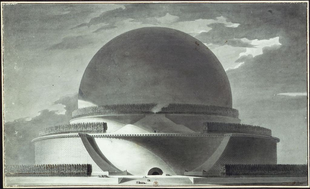 A monumental dark sphere rises from huge circular terraces planted with dense rows of cypress trees, while tiny people approach a small arched entrance at the centre.