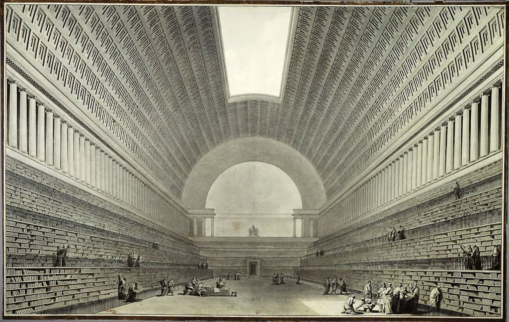 An immense barrel-vaulted library recedes toward a central arch, with many tiers of books, repeated columns and small groups of readers beneath a long skylight.