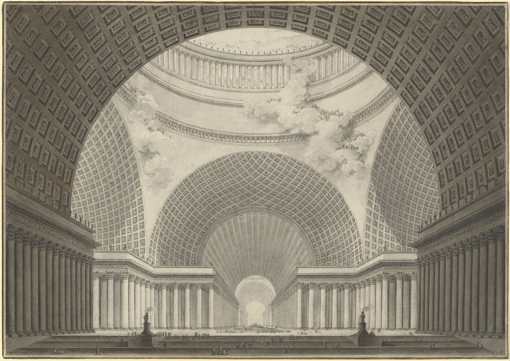 A vast imagined church interior has repeated coffered arches and vaults, long column screens and tiny worshippers gathered along a bright central axis.