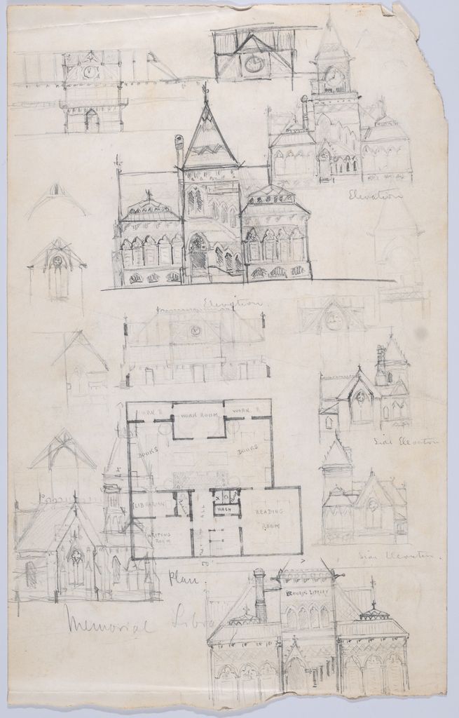 A worn pale graphite sheet contains many alternative library elevations, roof and tower sketches, pointed openings and a central floor plan surrounded by notes and revisions.