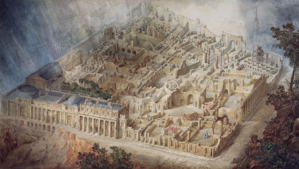 A large watercolour imagines a rectangular classical complex cut open from above, revealing many courts, domed rooms, arches, corridors and perimeter façades.