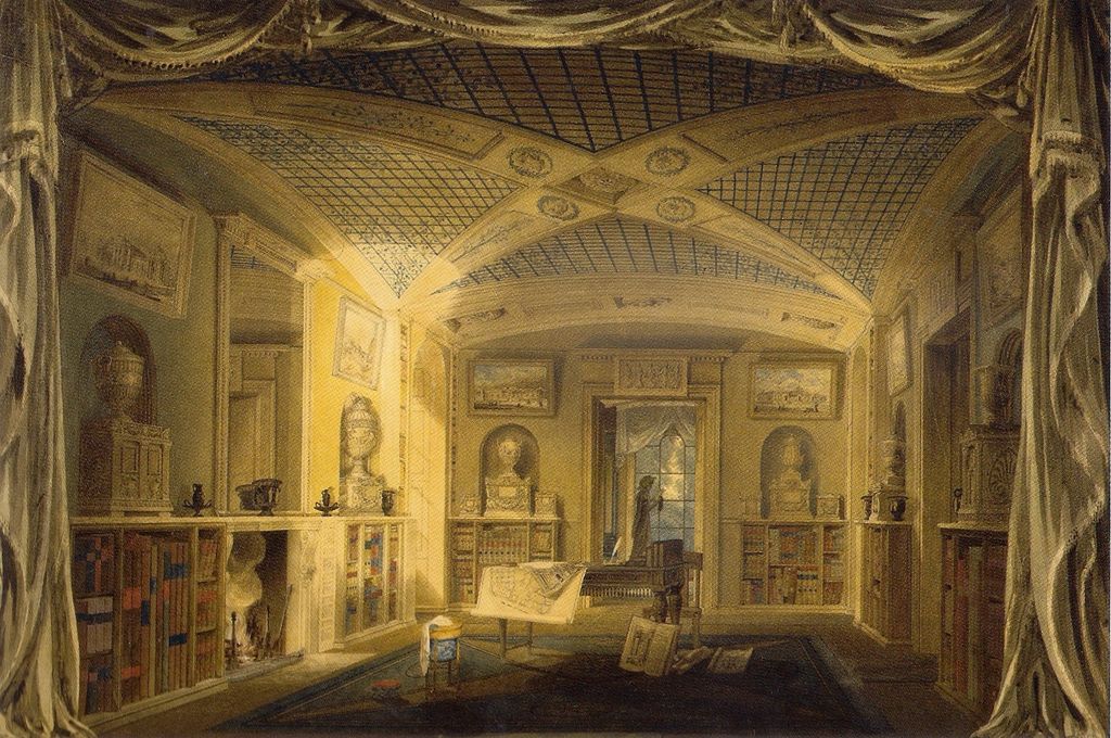 A warm golden watercolour shows a richly furnished library with low bookcases, paintings, niches and a shallow ribbed canopy, framed by heavy curtains and centred on a distant doorway.