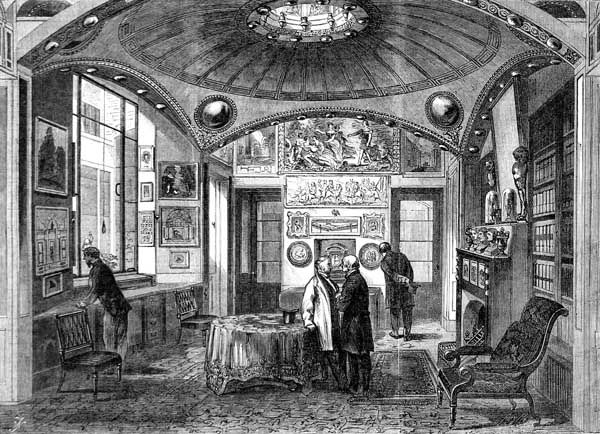 A small black-and-white engraving shows visitors in a crowded breakfast room beneath a shallow domed ceiling and central roof light, with mirrors, pictures, books and furniture on every side.