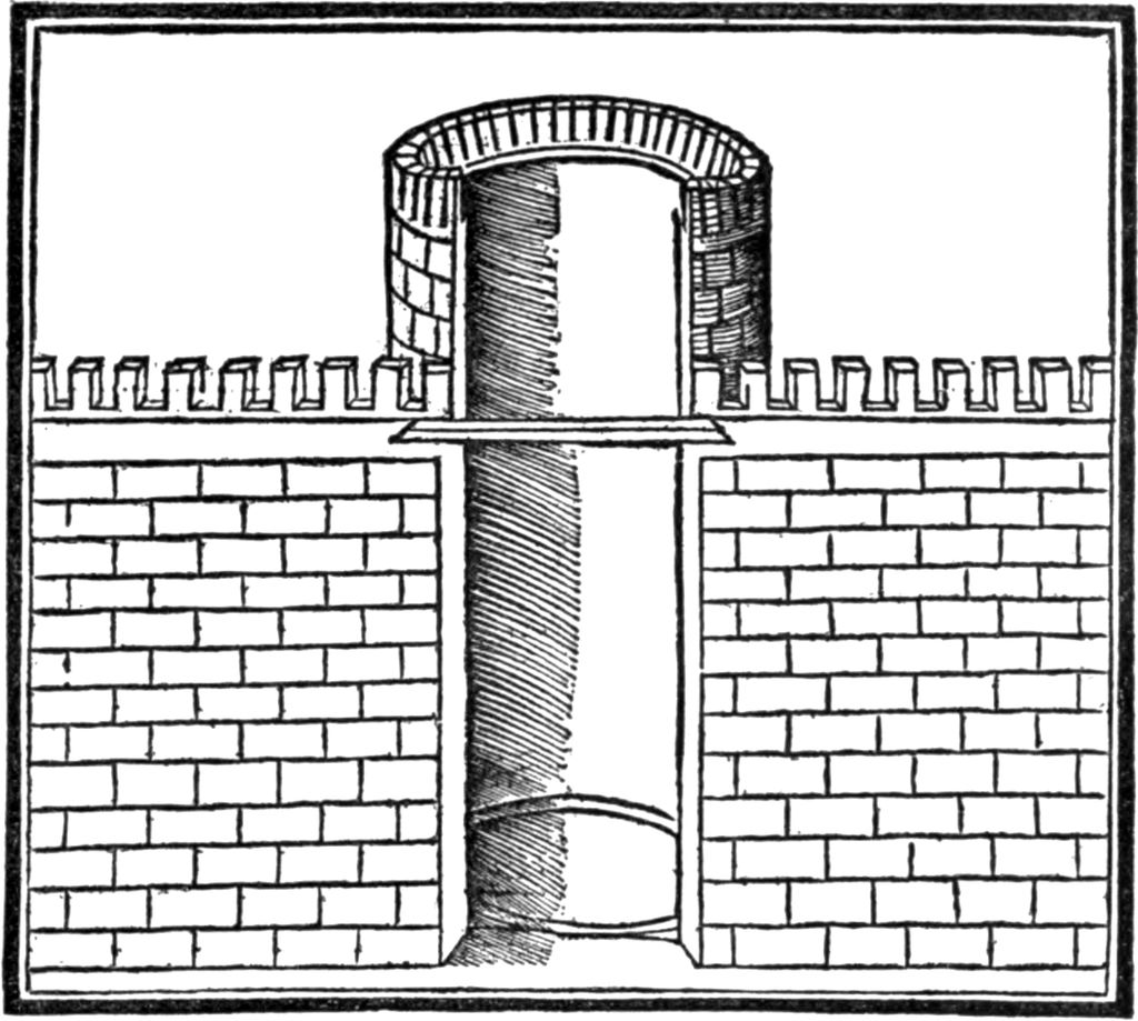 A simple black-line print shows a crenellated masonry wall interrupted by a deep gate passage and topped by a round defensive tower.