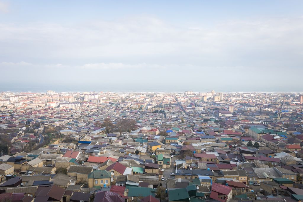 Dense city roofs and streets spread from an elevated viewpoint toward a hazy sea horizon.