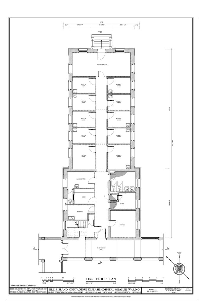 A measured floor plan shows repeated private rooms on both sides of a central corridor, a common room at one end and stairs, service rooms and a connecting passage at the other.