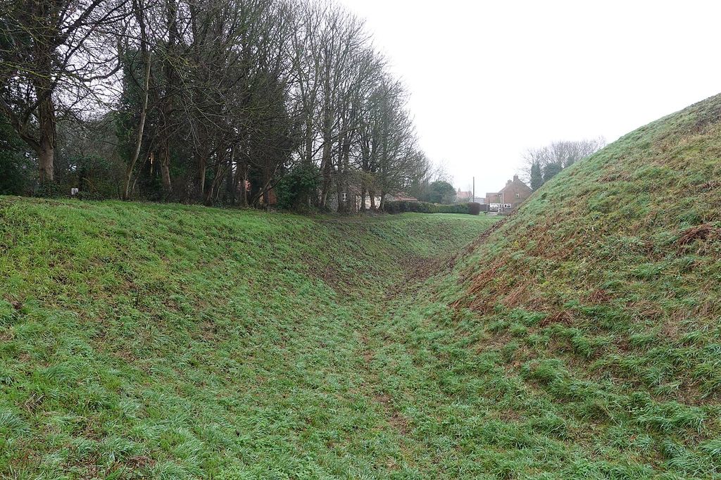 A deep grassy hollow runs between steep banks beneath winter trees.