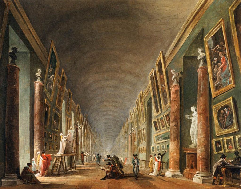 A long barrel-vaulted gallery lined with red-marble columns and densely arranged paintings recedes into the distance as artists, ladders and visitors occupy the floor.