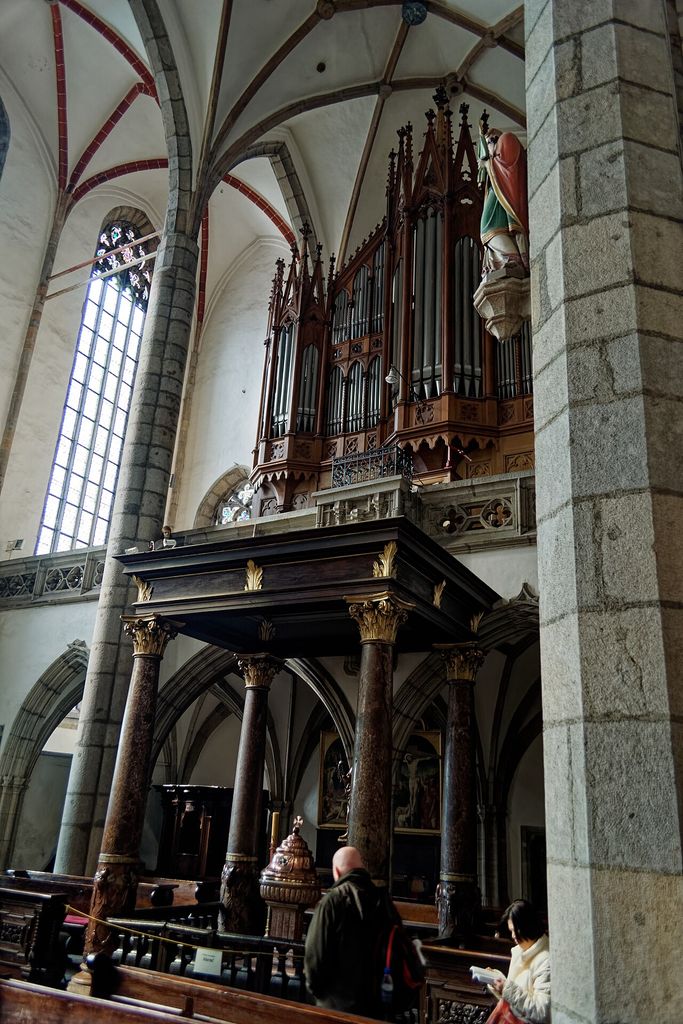 Český Krumlov - Interior of St.Vitus Church - Organ 1738 & Rococo Chapel 1725 of St. Jan Nepomuk, an architectural view.