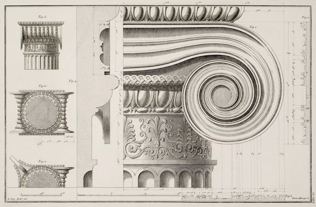 An engraved Ionic volute is accompanied by side views, plans, moulding profiles and dimension lines.