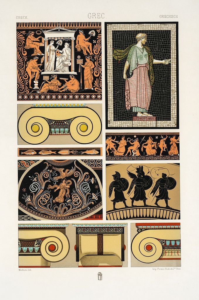 Greek pattern from L’ornement Polychrome (1888) by Albert Racinet (1825-1893), showing polychrome architectural ornament