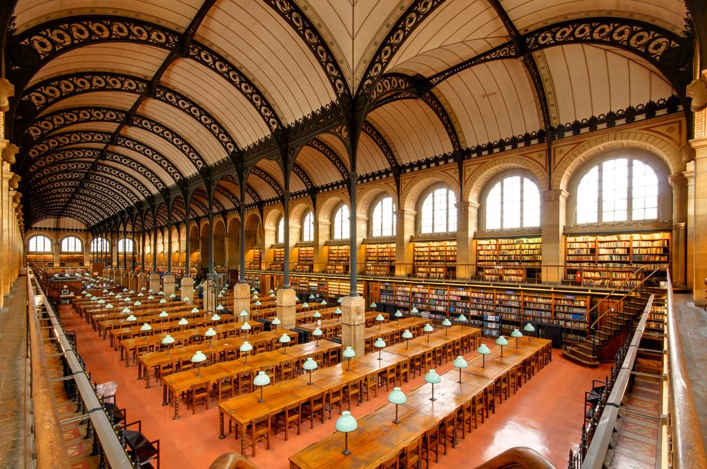 A central row of slender dark columns on stone plinths supports branching decorated arches beneath two parallel vaulted ceilings.