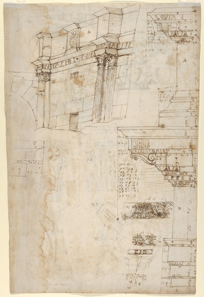 An aged drawing sheet combines a perspective of a Roman colonnade and attic with several measured profiles of cornice, frieze and architrave.