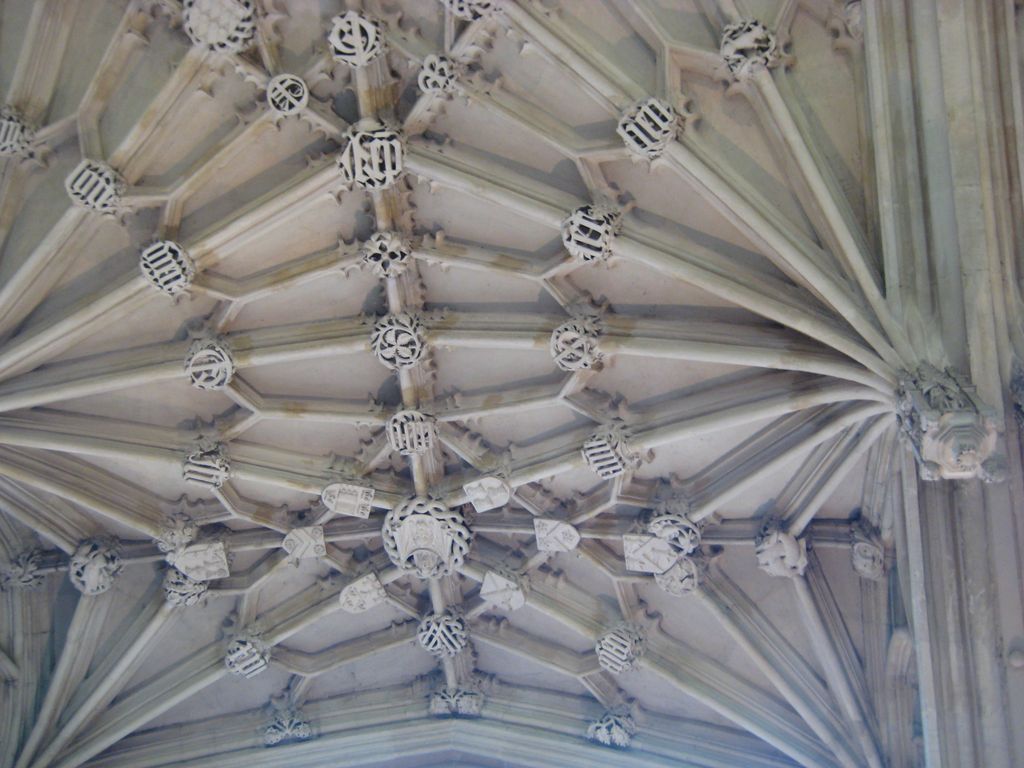 A dense pale stone network of long and short ribs links many carved bosses across the Divinity School ceiling.