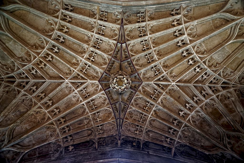 Long and short painted ribs converge around a central flower boss across a richly cusped side-chapel ceiling.