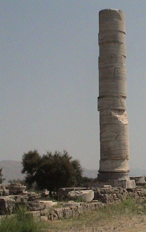 A single tall stone shaft rises among low ruins and trees at the Heraion of Samos.