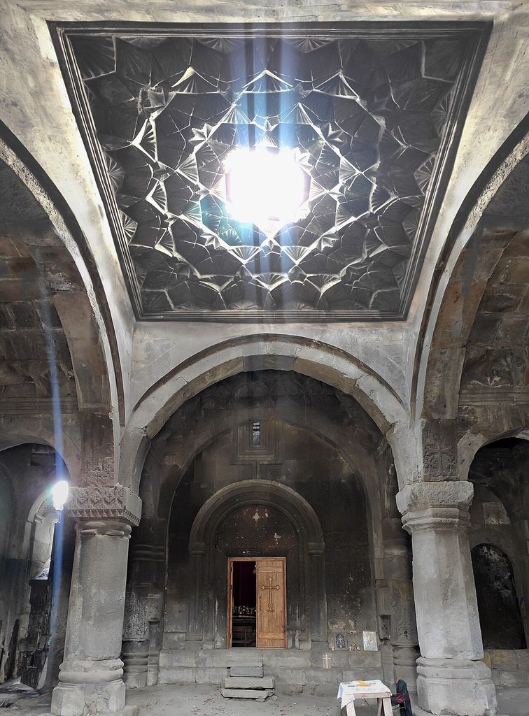 Astvatsnkal Monastery (Gavit and muqarnas vault with oculus), an architectural view.