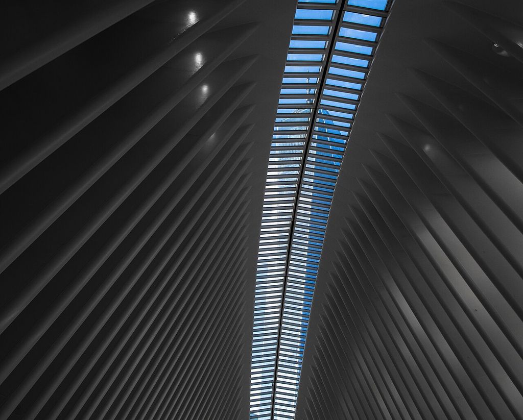 One World Trade Center viewed through the ceiling window of the Oculus (World Trade Center station).