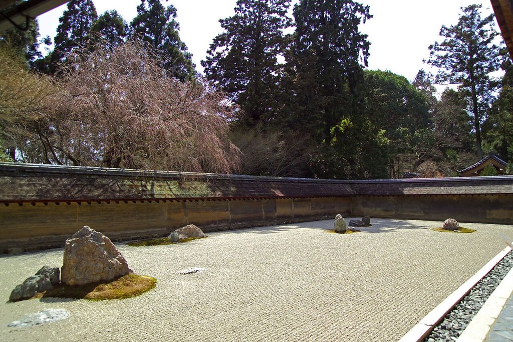 This is the dry garden (karesansui, karesensui, kosansui, kosensui) at Ryōan-ji , a Buddhist temple in Kyoto , Japan .