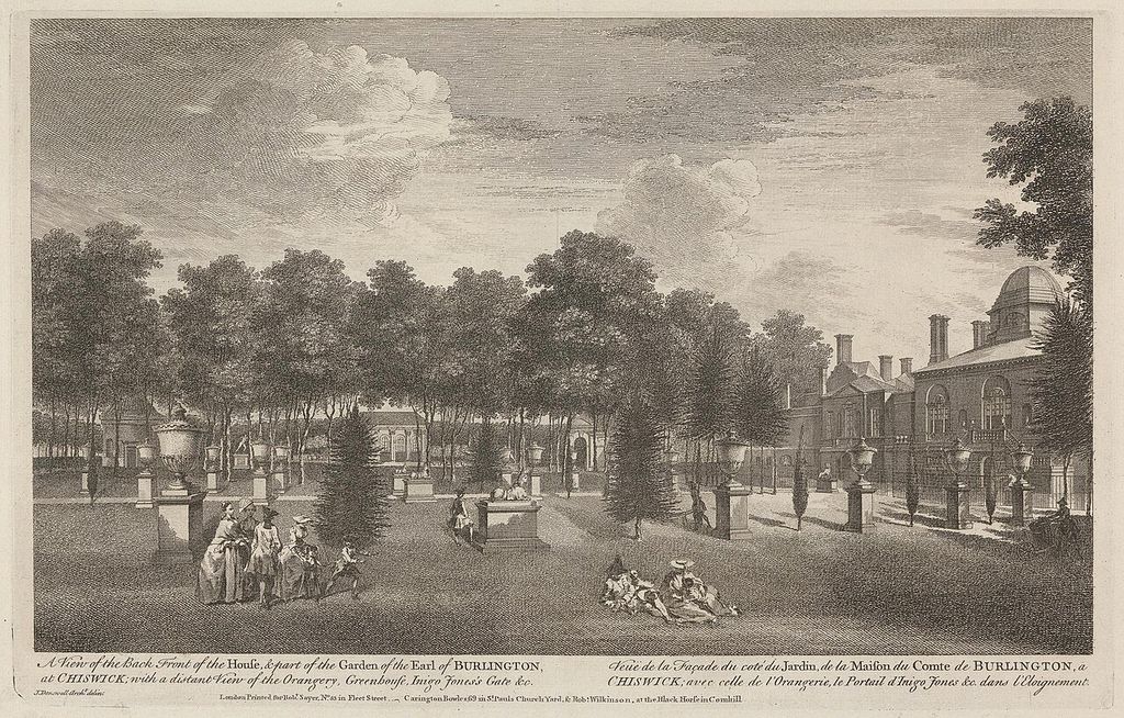 Eighteenth-century engraving of Chiswick House beside a garden of trees, urns, statues and strolling figures.