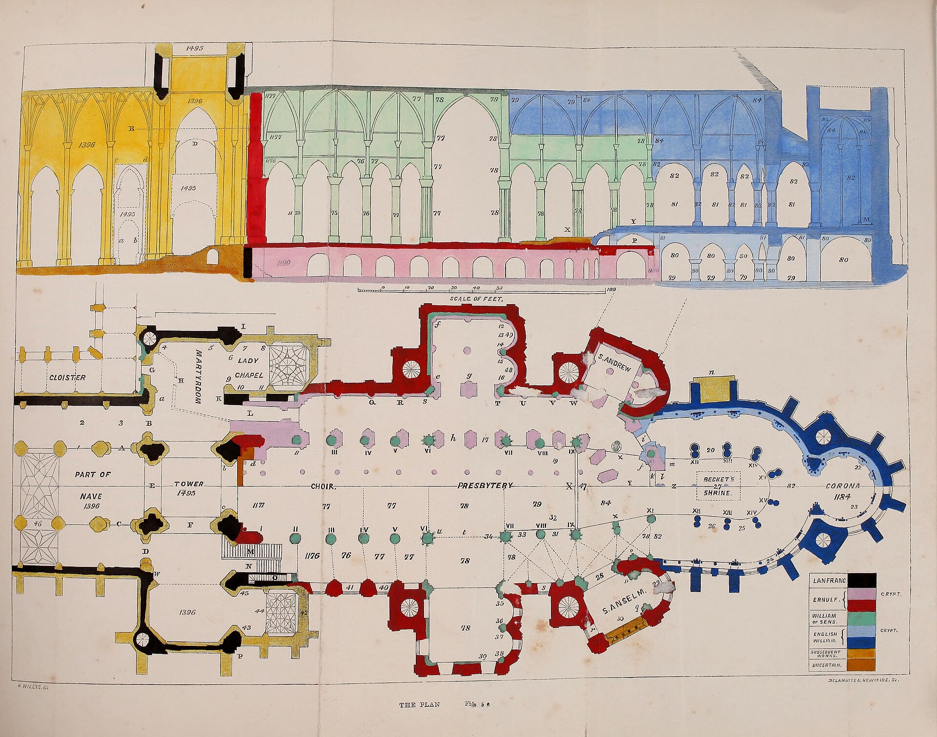 Robert Willis's 1845 analytical plan of Canterbury Cathedral distinguishes major construction phases across nave, transepts, choir, crypt and eastern chapels.