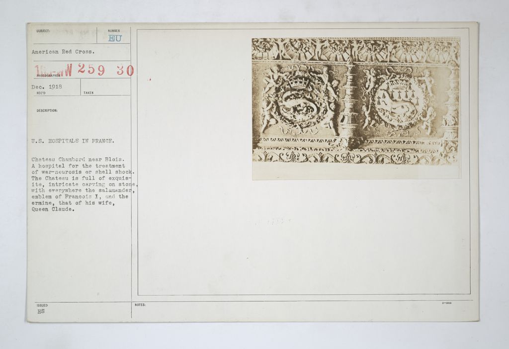 A historic archival sheet contains a sepia close photograph of two crowned animal emblems carved amid dense foliage, beside a typed caption.