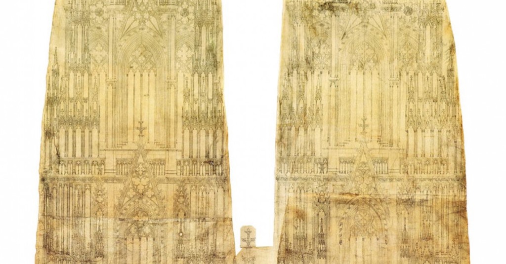 A parchment-coloured architectural elevation sets out the dense tracery, gables and openwork spires of Cologne Cathedral’s west façade.