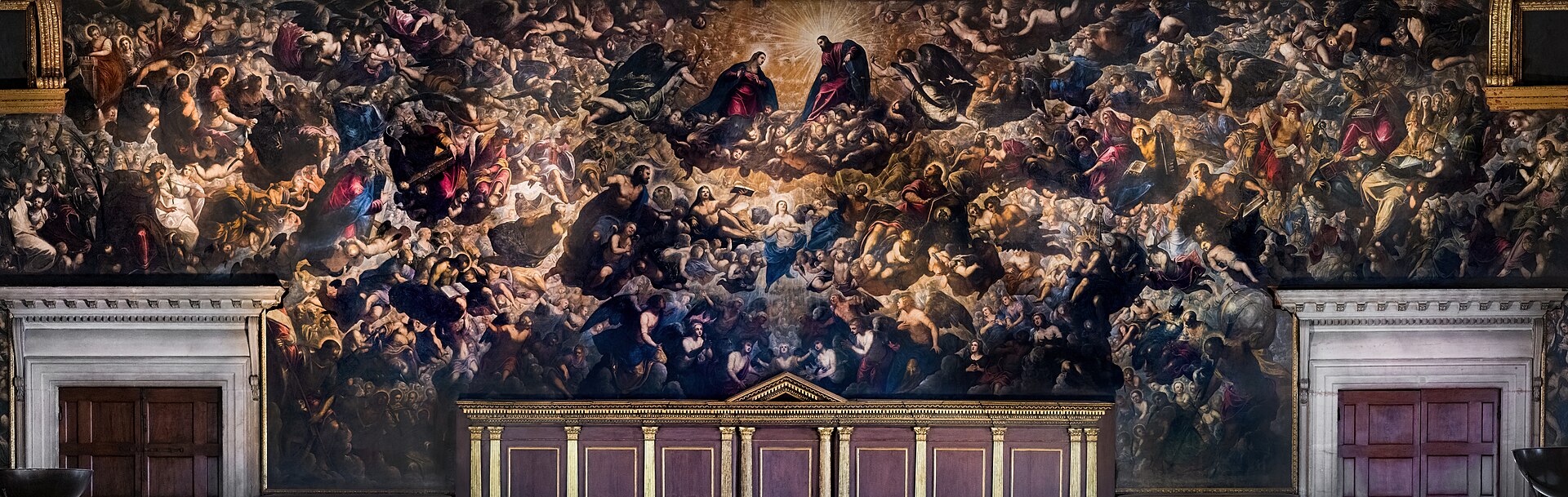 Tintoretto workshop’s Paradise filling the wall behind the tribune in the Great Council Chamber.