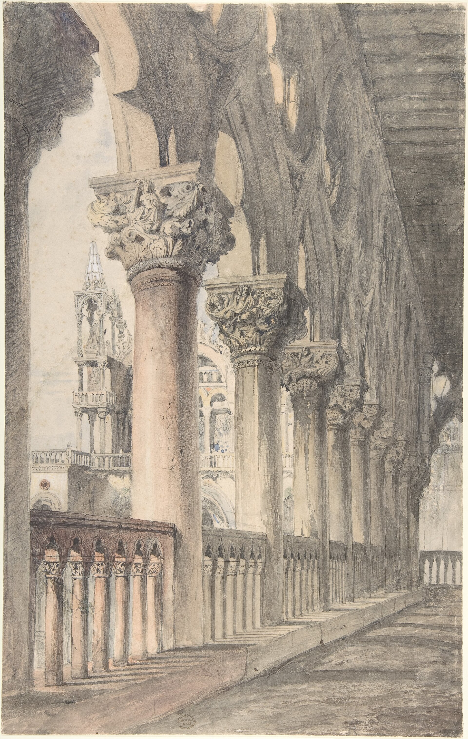 John Ruskin’s 1849–50 watercolour study of columns, capitals and tracery in the Doge’s Palace loggia.