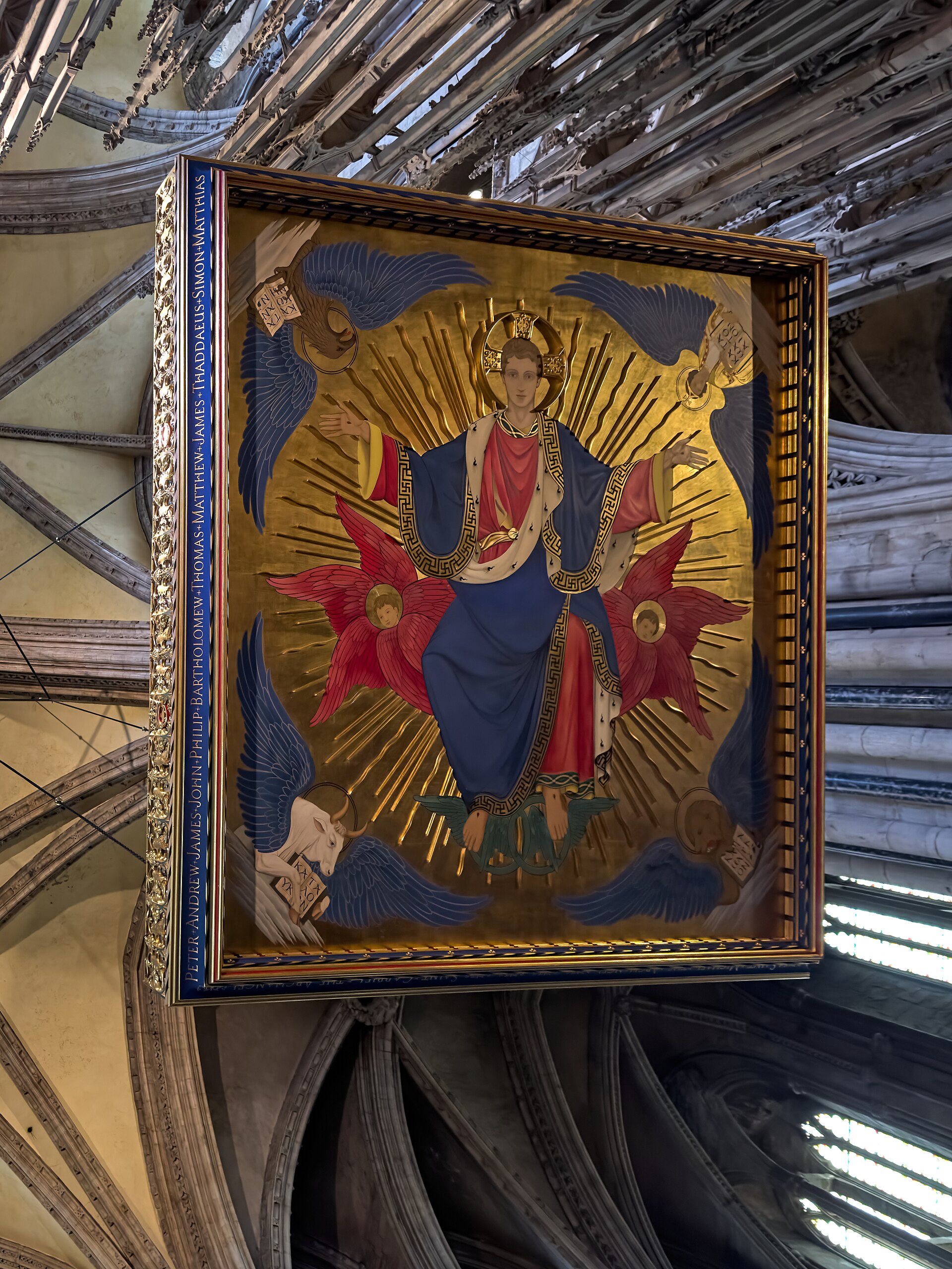 Ninian Comper's colourful suspended tester above St Cuthbert's grave, seen against the high vault of Durham Cathedral's feretory.