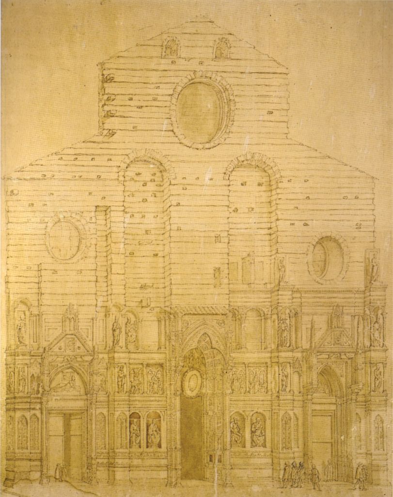 A faint warm-toned historical drawing shows a cathedral facade with three portals, dense lower sculpture, large blocked openings and unfinished upper masonry.