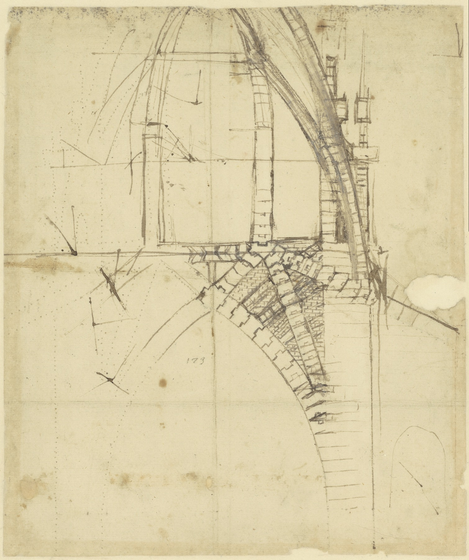 Leonardo da Vinci’s pale ink and graphite architectural study of intersecting arches and supports for Milan Cathedral’s tiburium.