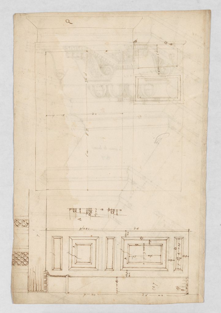 A pale sixteenth-century architectural drawing on aged paper contains a large door elevation, rectangular panel details, construction lines, dimensions and smaller moulding studies.