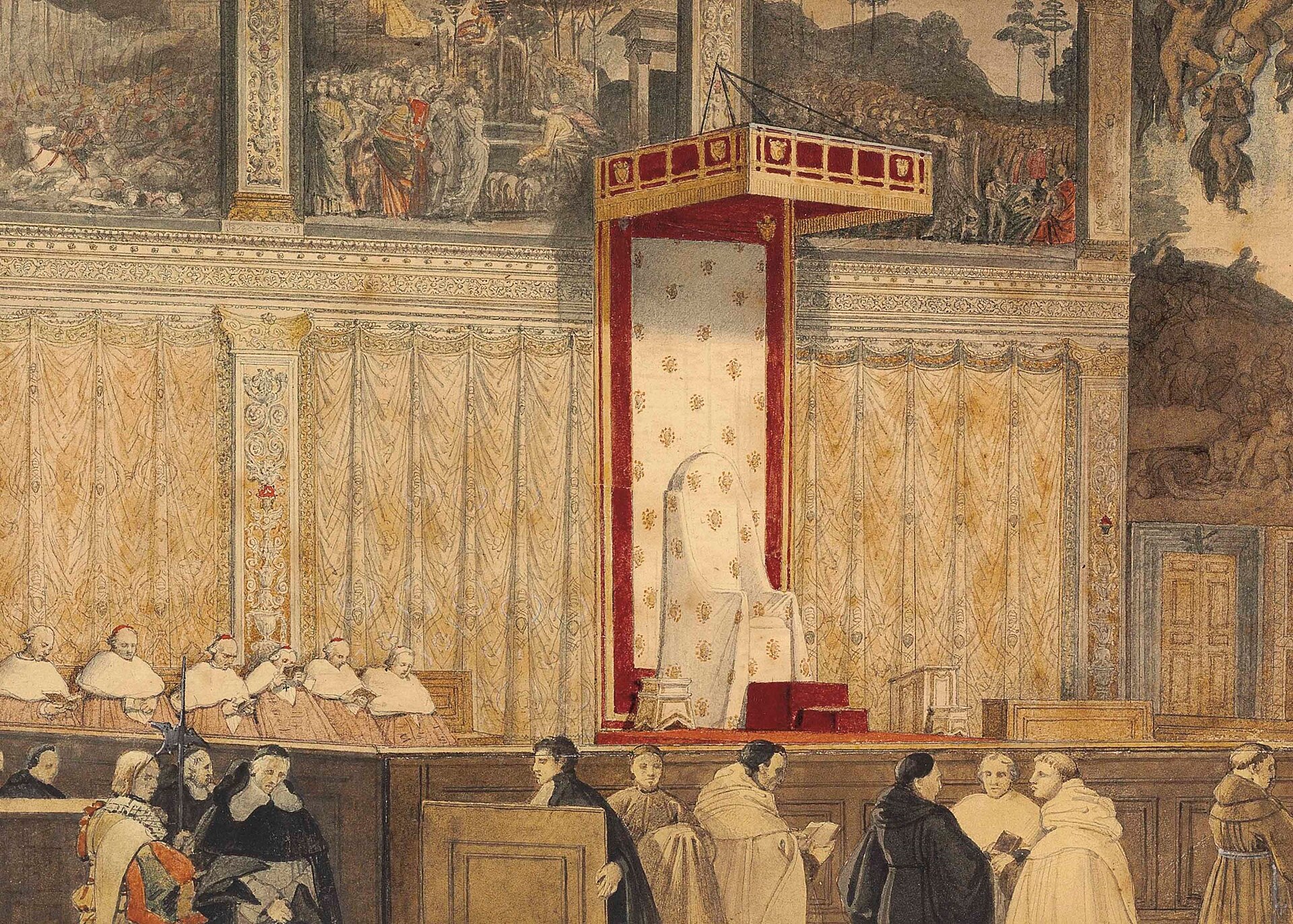 Jean-Auguste-Dominique Ingres’s painting of a papal ceremony inside the Sistine Chapel, showing the crowded floor and architectural divisions.
