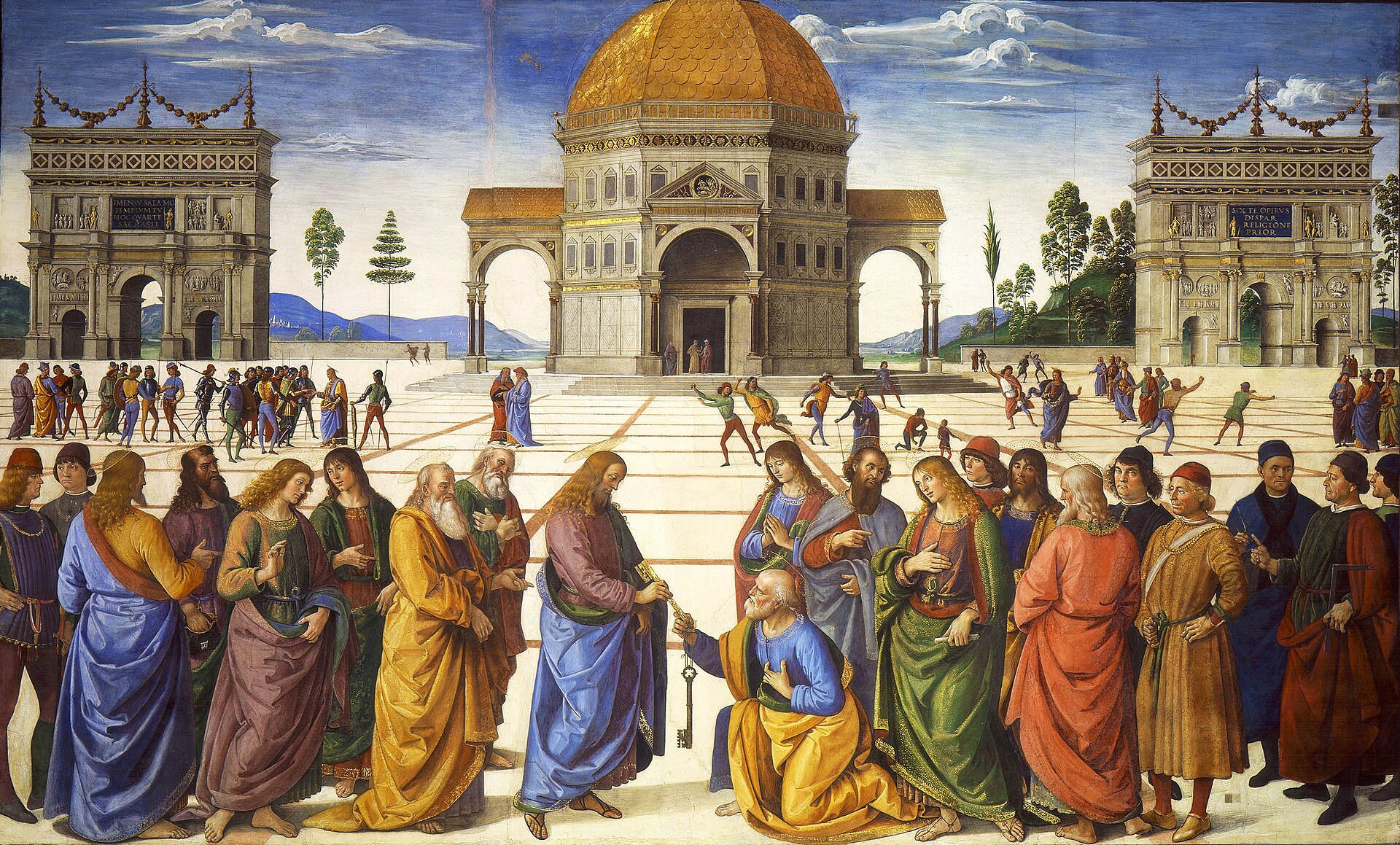 Perugino’s Delivery of the Keys, with Christ and Peter before a symmetrical paved square and central temple.