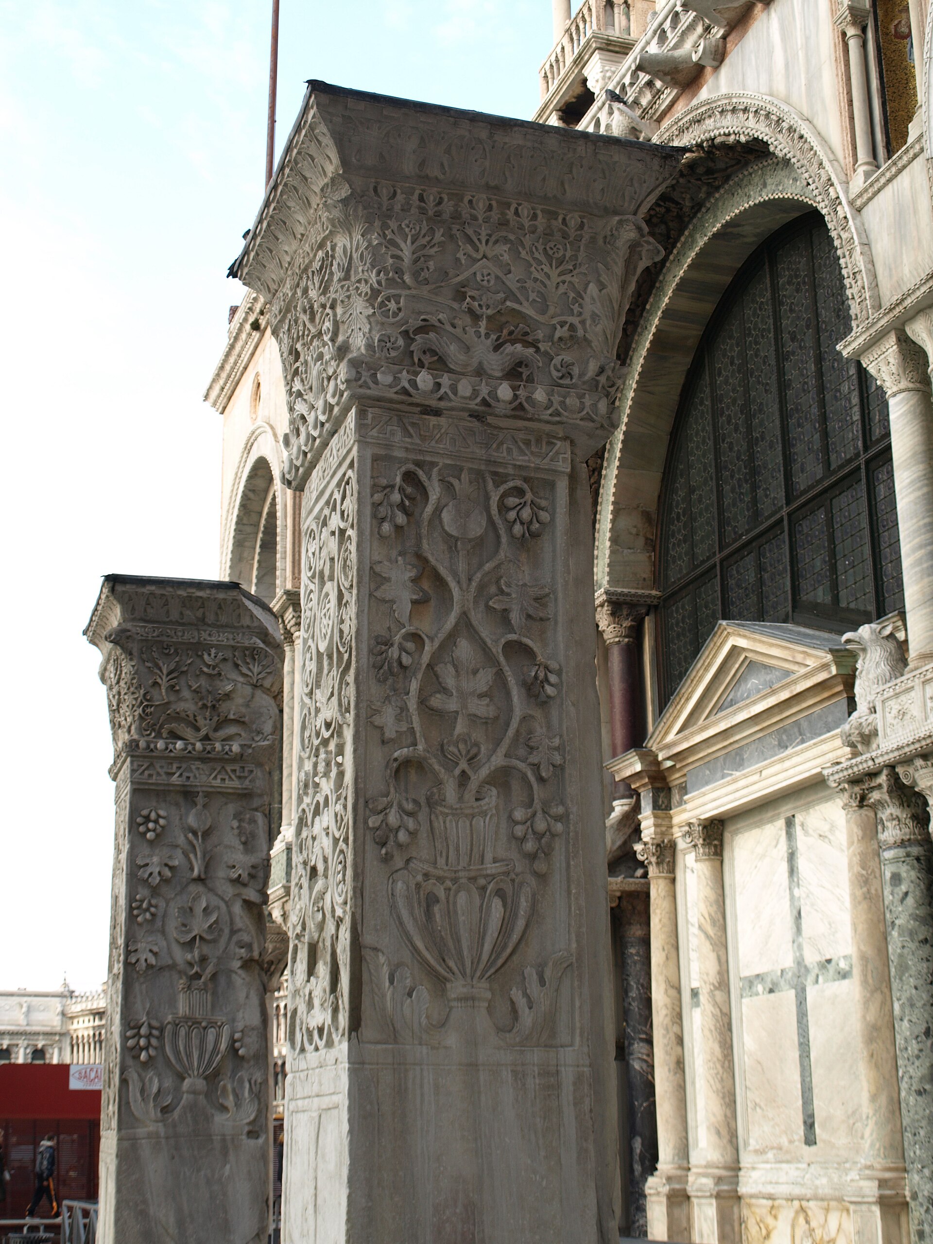 The carved Pilastri Acritani beside the south side of St Mark’s Basilica.