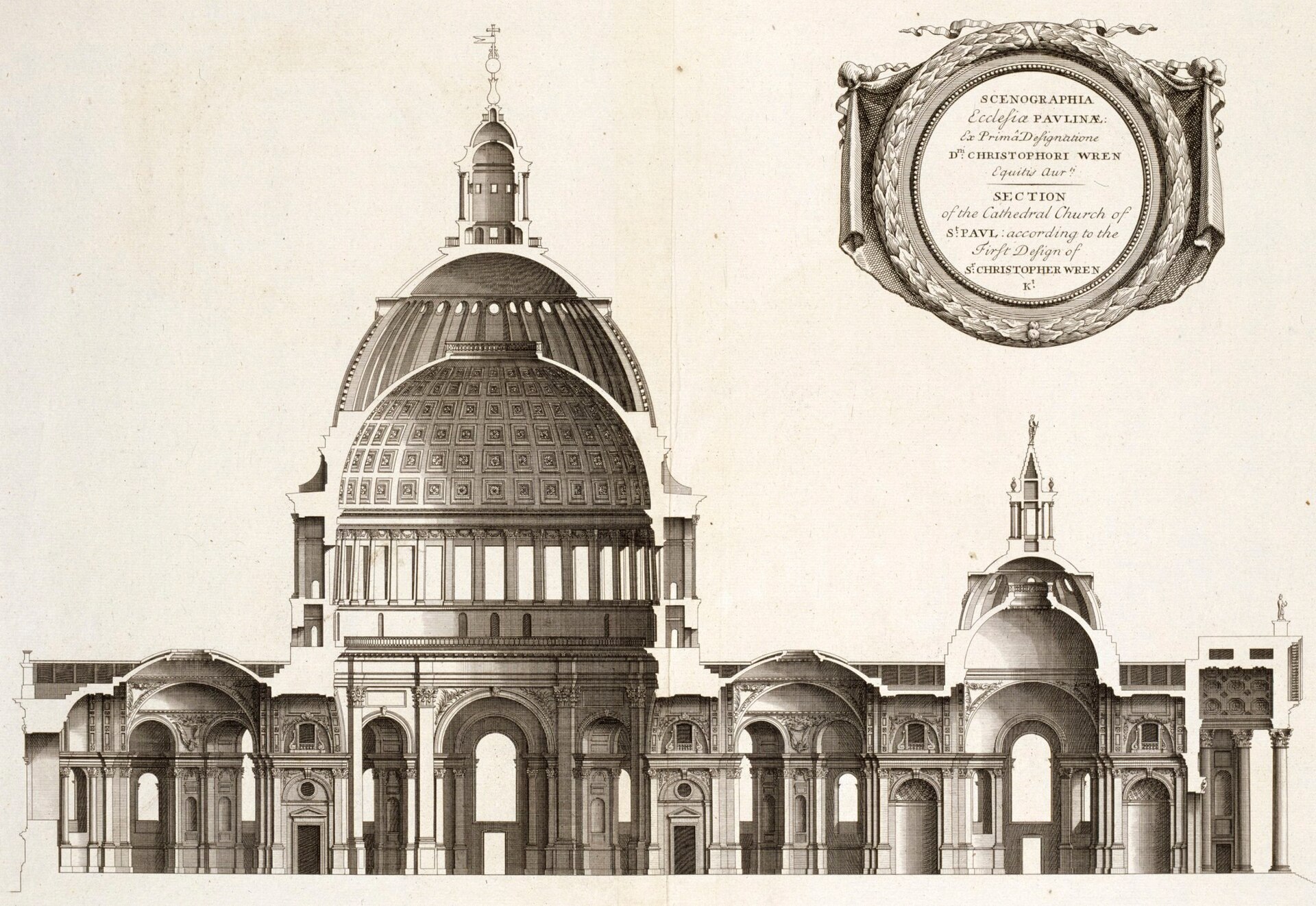 Henry Hulsbergh’s engraved long section of Christopher Wren’s Great Model design, cutting through side volumes, central dome and lantern.