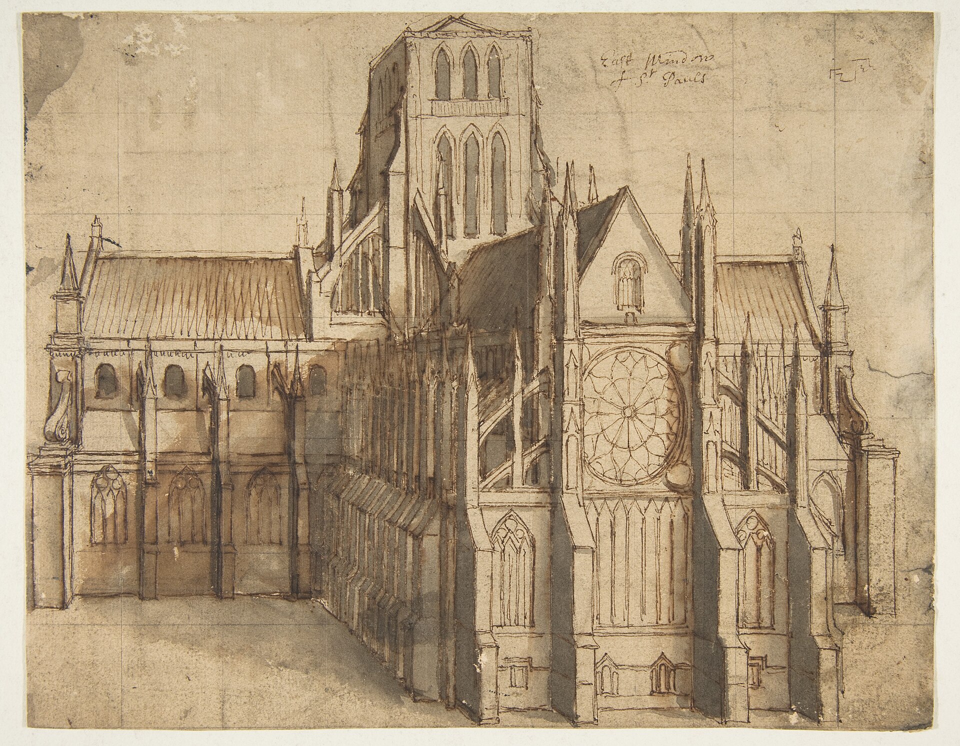 Wenceslaus Hollar’s seventeenth-century east view of Old St Paul’s Cathedral, showing its long Gothic body, crossing and surrounding precinct buildings.