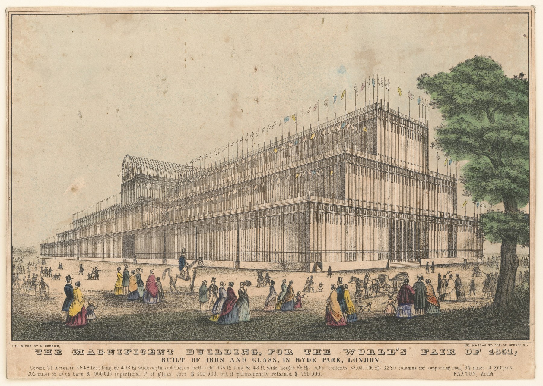 Hand-coloured nineteenth-century print of the Crystal Palace as a long iron-and-glass exhibition hall.