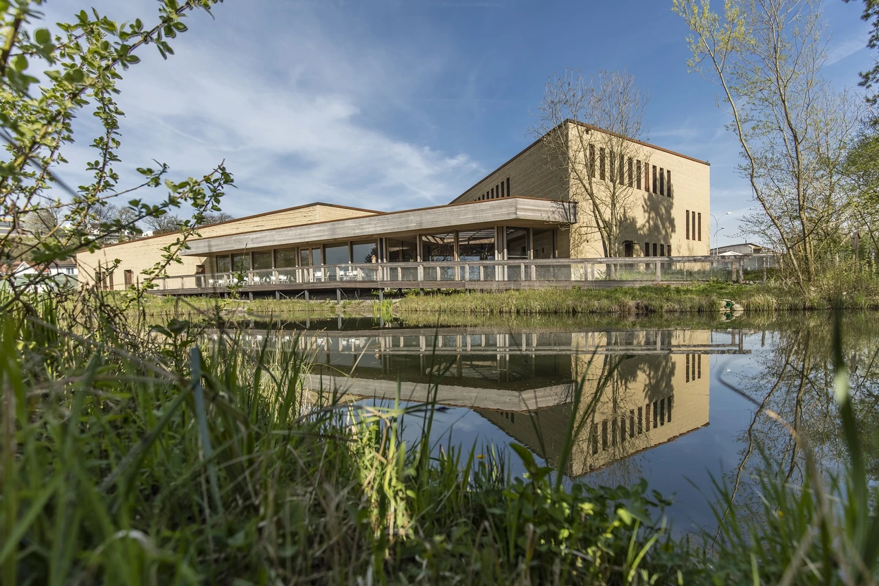 Sempach visitor centre with a tall earth-clad wing, lower timber terrace and foreground pond.