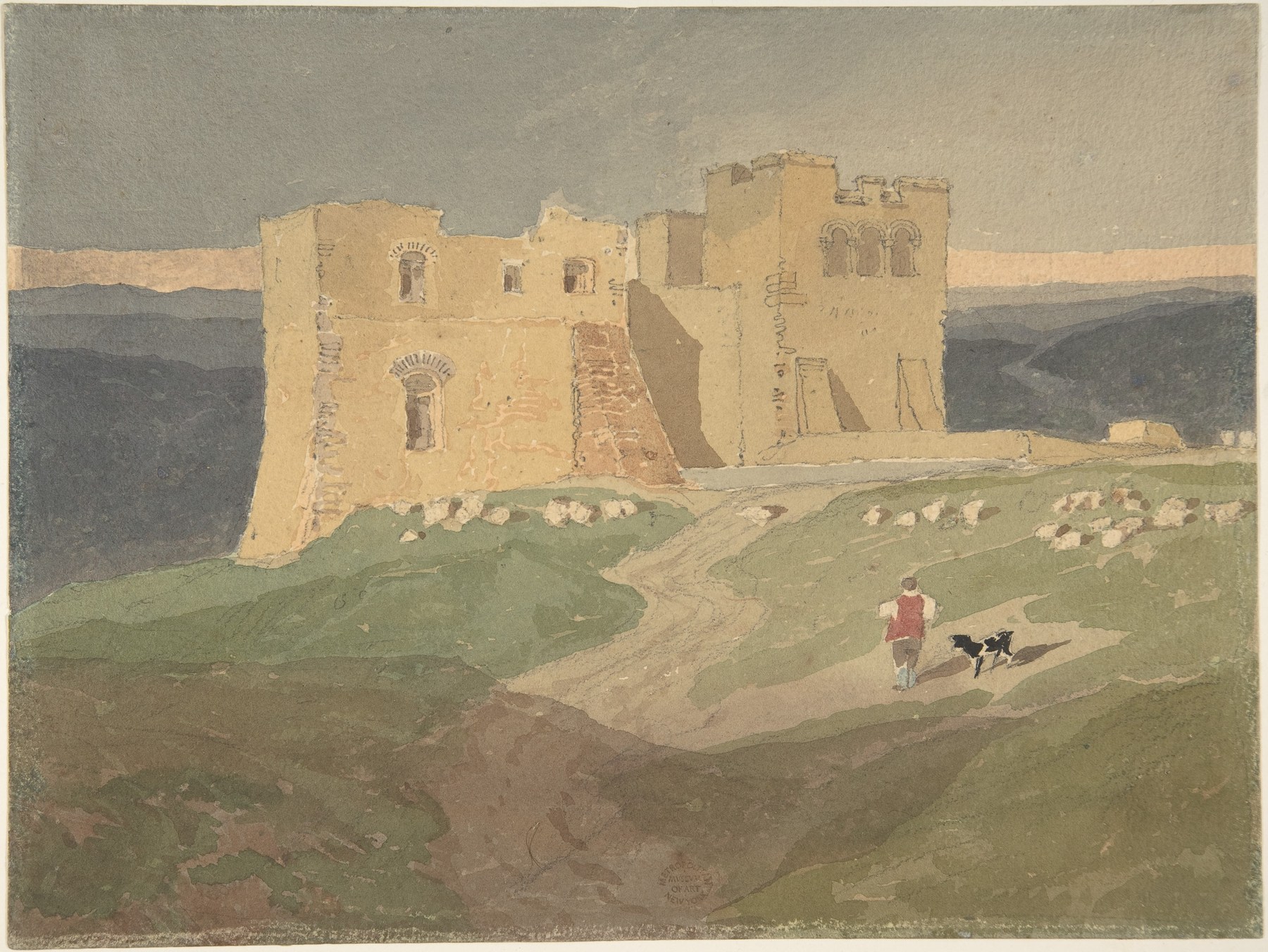 Watercolour copy after Cotman of a pale ruined castle with broken walls and openings, a foreground figure and dog, and broad distant hills.