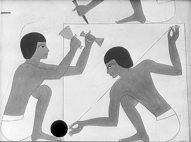 Monochrome facsimile of two ancient Egyptian masons shaping a block, one raising a tool and the other holding a line.