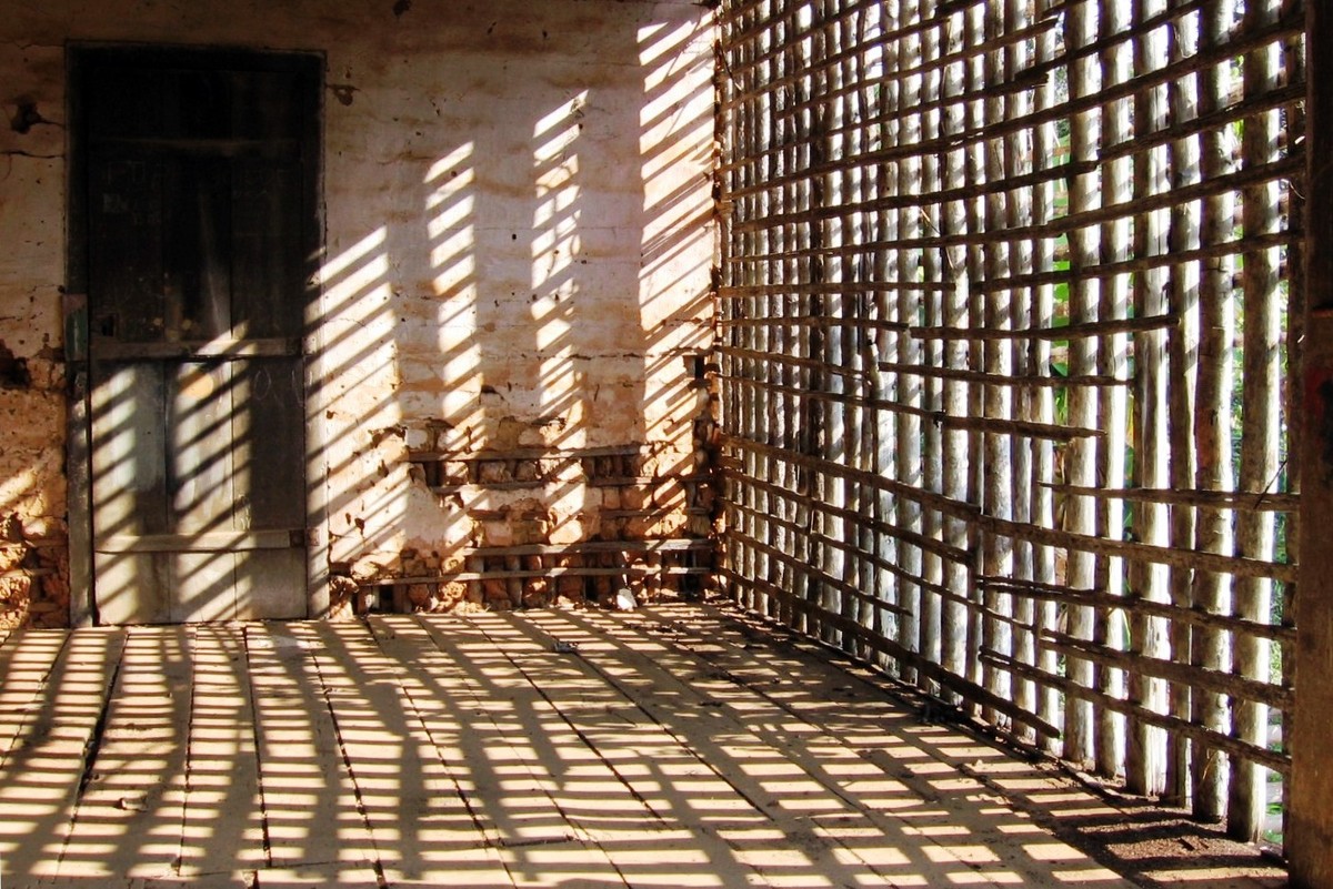Sunlight enters a house through an open organic grid beside remaining earth and pale wall surfaces.