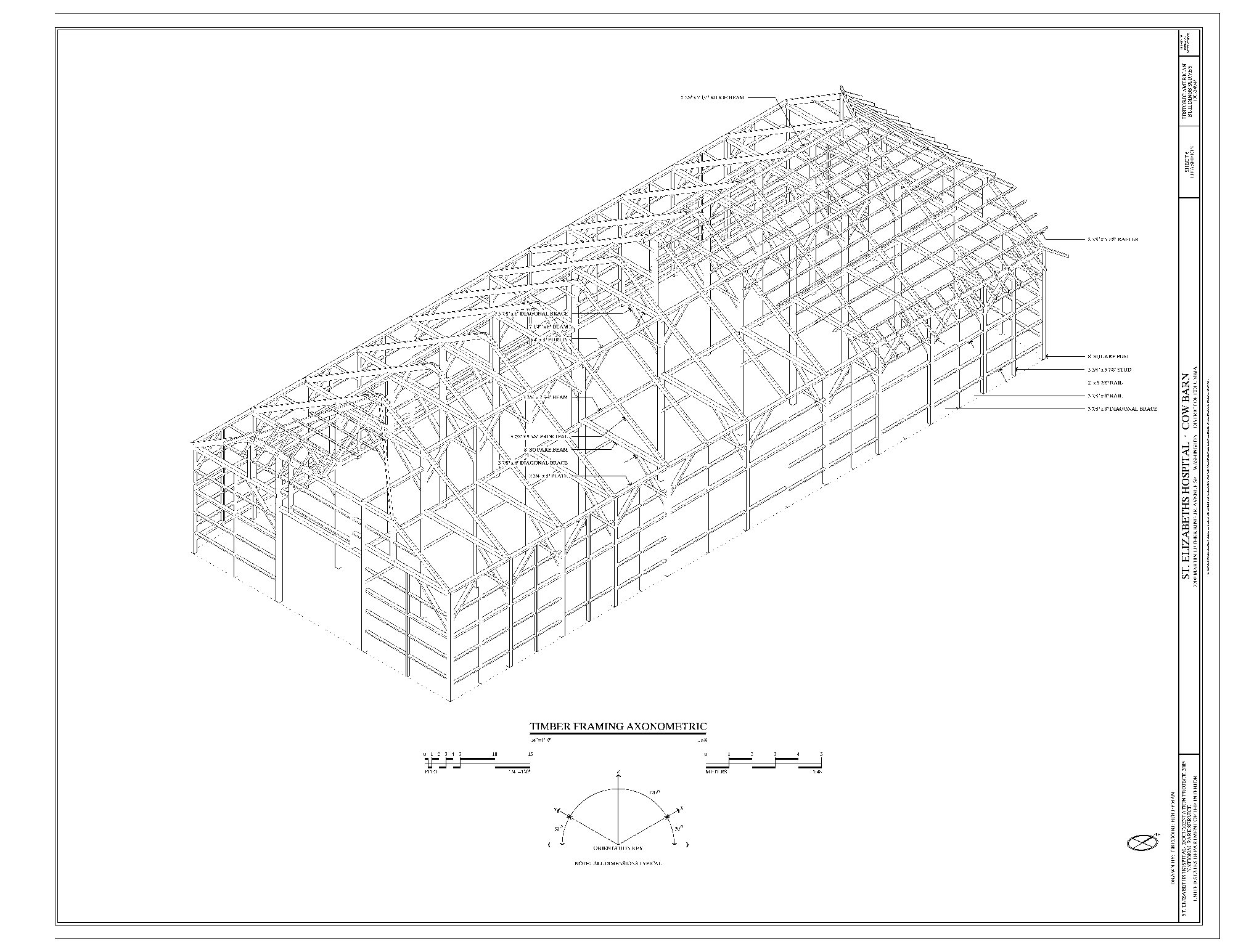 Black-line HABS sheet of the St Elizabeths Cow Barn timber frame with repeated roof trusses, posts and braces.