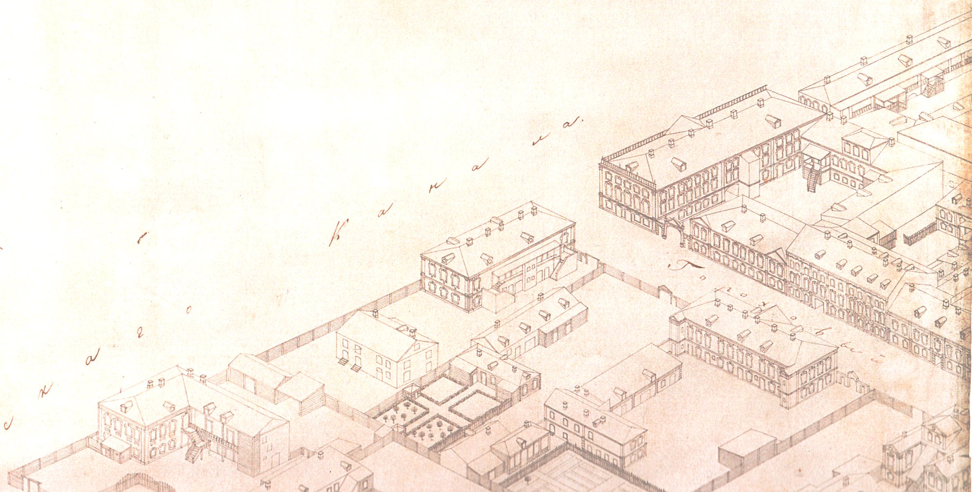 Warm-toned historic city survey of St Petersburg roofs, courtyards and gardens seen in lifted parallel-looking view.